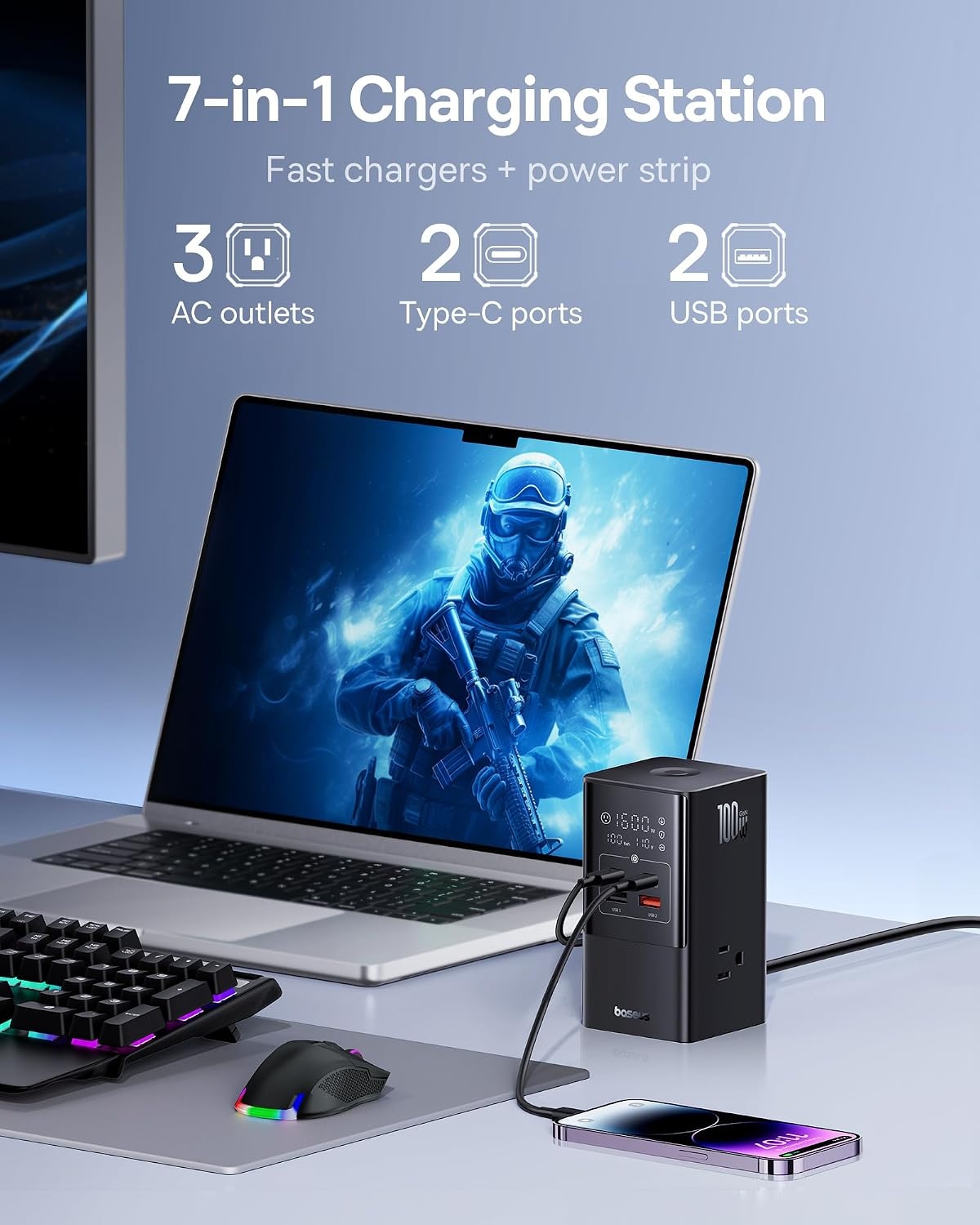 image:imageBaseus 7in1 USB C Charging Station 100W PowerCombo Fast Charging Power Strip with 3AC2U2C USB USB C Charging Station for Desktop Accessories MacBook Tablets in Office Home and Dorm