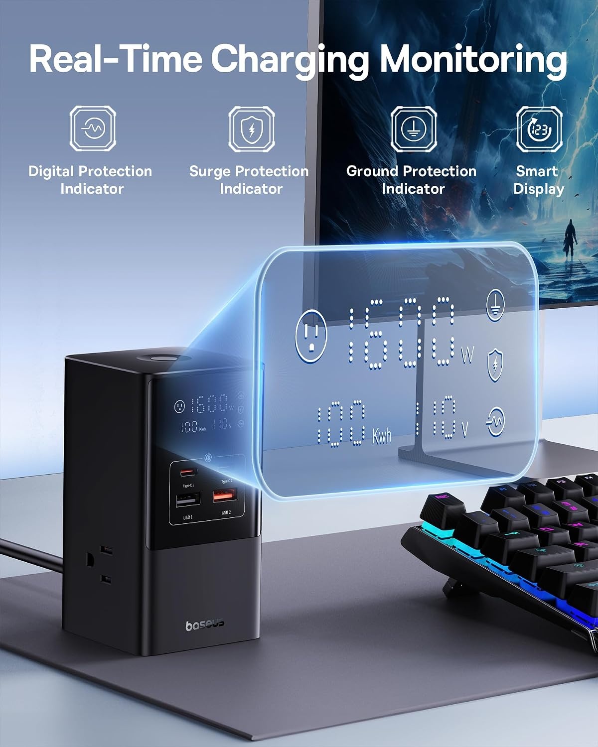 image:imageBaseus 7in1 USB C Charging Station 100W PowerCombo Fast Charging Power Strip with 3AC2U2C USB USB C Charging Station for Desktop Accessories MacBook Tablets in Office Home and Dorm