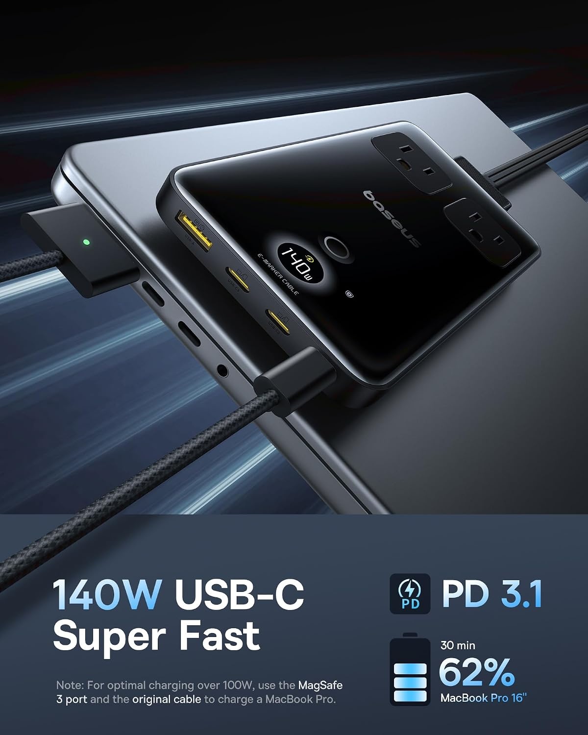 image:imageBaseus Blade Charging Station 140W 6in1 Compact USB C Power Strip with 5ft Detachable Flat Extension Cord Digital Display Slim Fast Desktop Charger for Work and Travel Not a Portable Battery