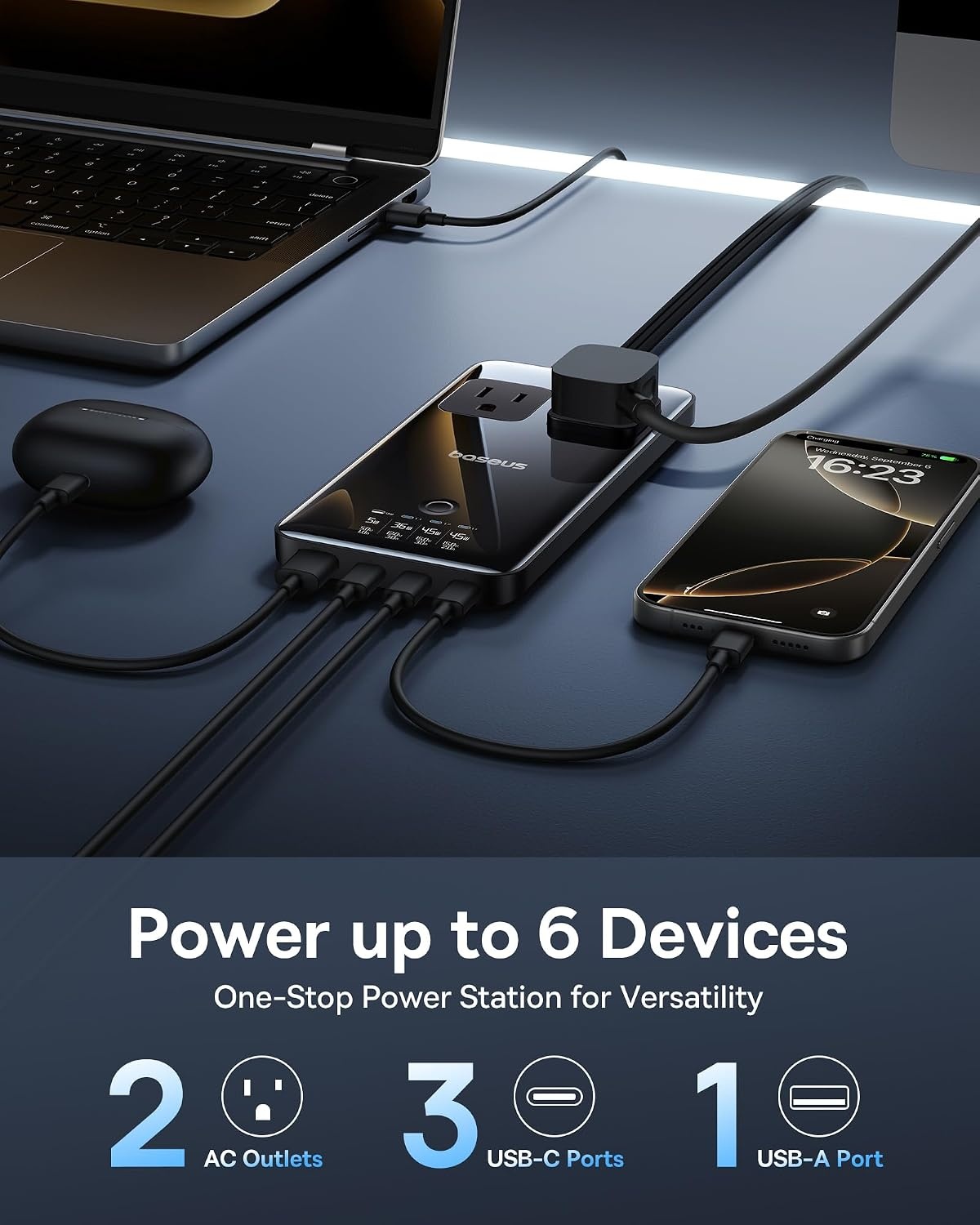 image:imageBaseus Blade Charging Station 140W 6in1 Compact USB C Power Strip with 5ft Detachable Flat Extension Cord Digital Display Slim Fast Desktop Charger for Work and Travel Not a Portable Battery