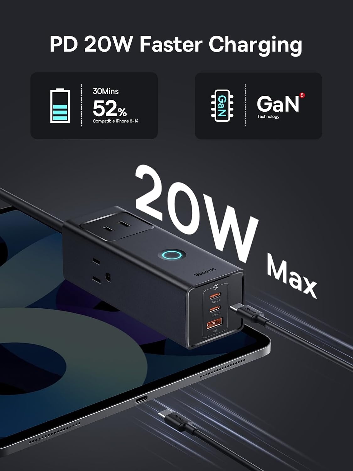 image:imageBaseus Power Strip PD20W USB C Charger Extension Cord with 3 AC Outlets amp 3 USB Port Fast Charging Charging Station for Office Dorm Room HomePD20WBlack