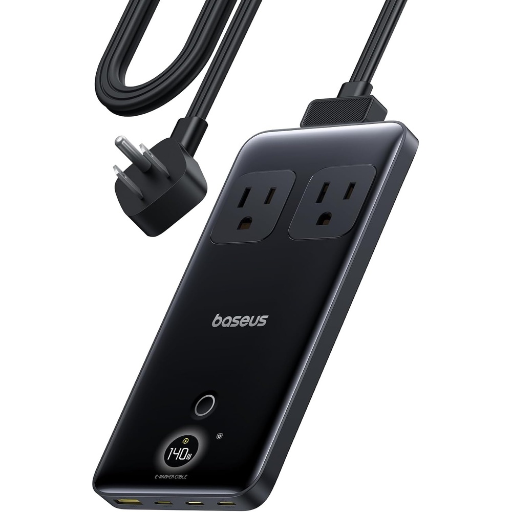 image:imageBaseus Blade Charging Station 140W 6in1 Compact USB C Power Strip with 5ft Detachable Flat Extension Cord Digital Display Slim Fast Desktop Charger for Work and Travel Not a Portable Battery